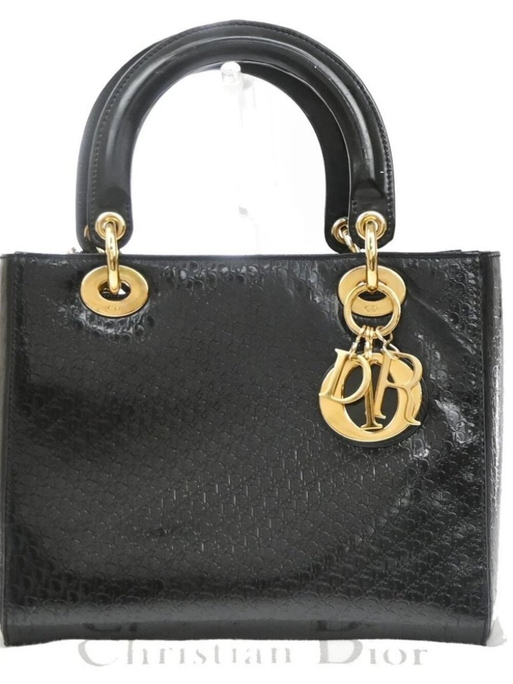 CHRISTIAN DIOR Logo Lady Trotter Hand Bag Patent Leather BK GHW Italy